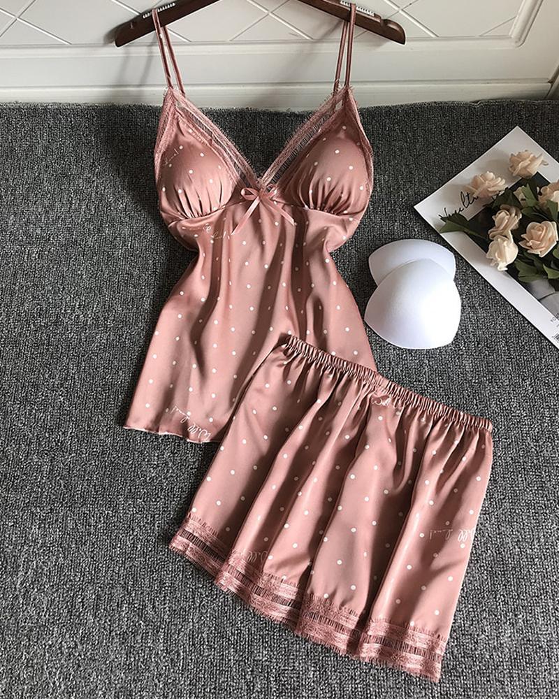 

Eyelash Lace Trim Polkadot Print Satin Padded Cami Set, Pink