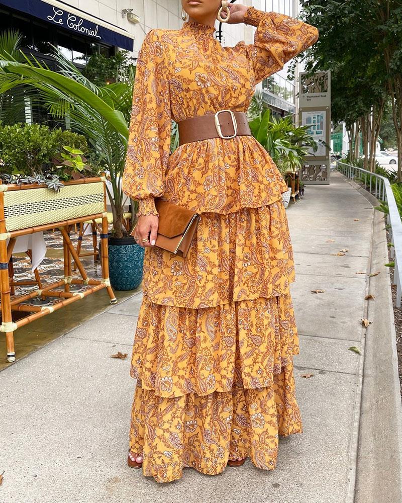 

Floral Print Lantern Sleeve Frill Hem Layered Dress, Orange