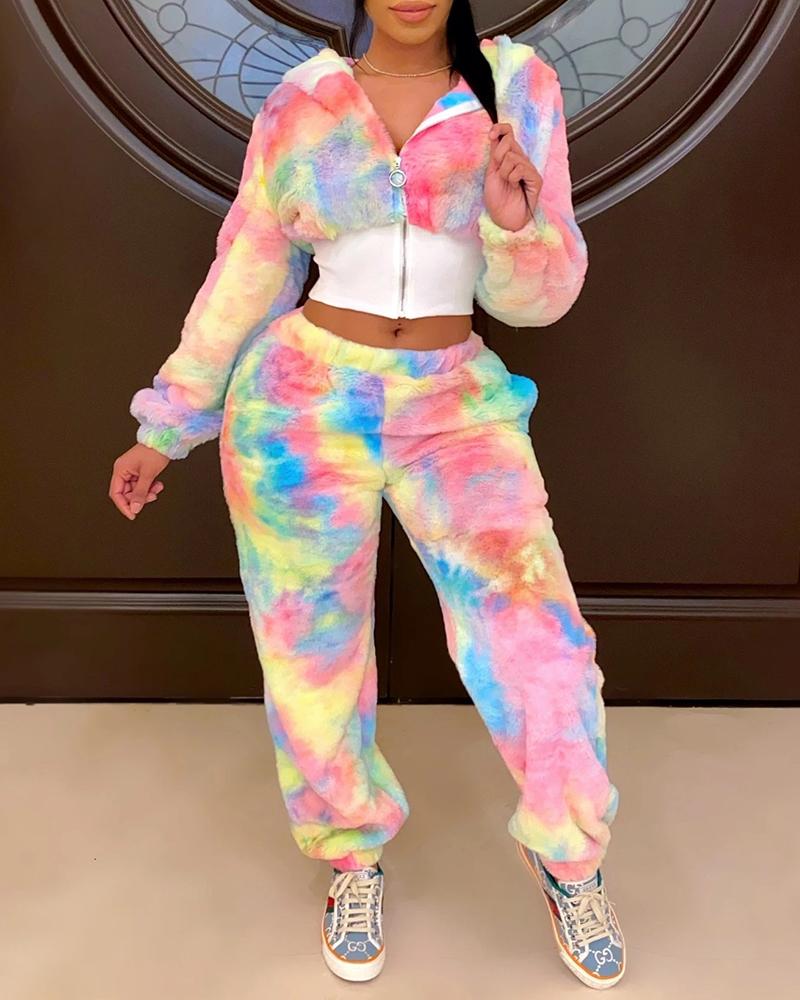 

Fluffy Tie Dye Print Hooded Crop Coat & High Waist Pants Set, Pink