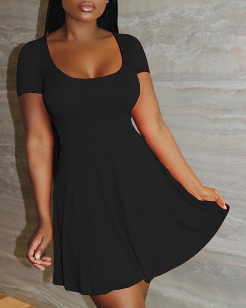 

U-Neck Short Sleeve Casual Dress, Black