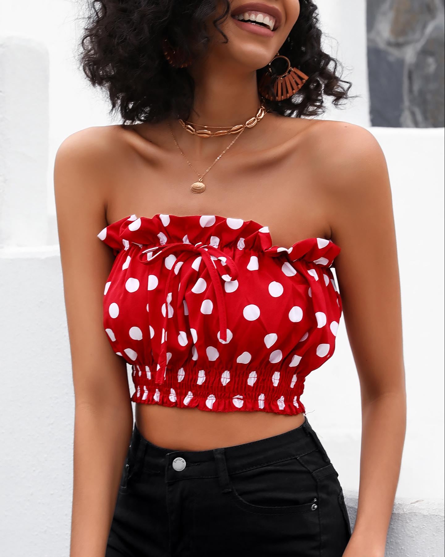 

Off Shoulder Shirred Polkadot Print Top, Red