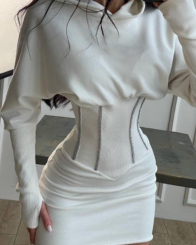 

Long Sleeve Corset Hooded Sweatshirt Dress Plain Casual Skinny Daily Sweatshirt Dress, White