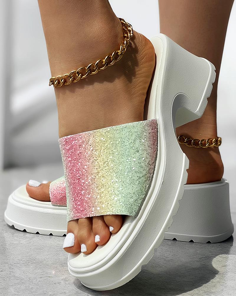 

Rainbow Stripe Print Platform Wedge Slippers, Red&gold