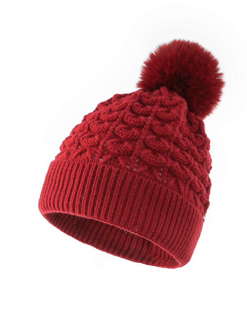 

Braided Pom Pom Decor Knit Beanie, Red