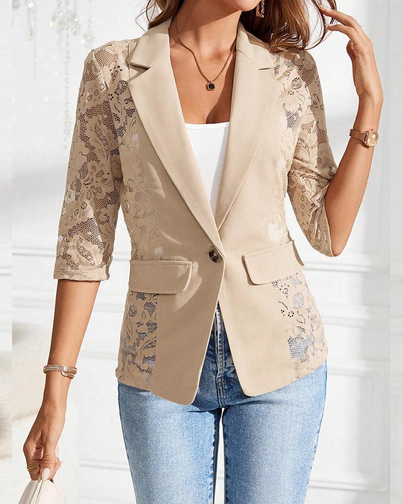 

Lapel Neck Lace Patch Single Button Flap Detail Sheer Blazer Coat, Apricot