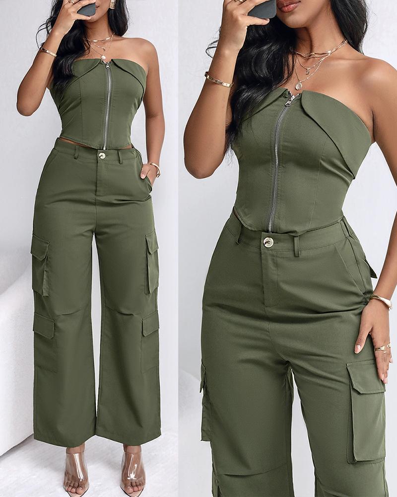 

Zipper Design Asymmetrical Hem Bandeau Top & Pocket Design Pants Set, Green