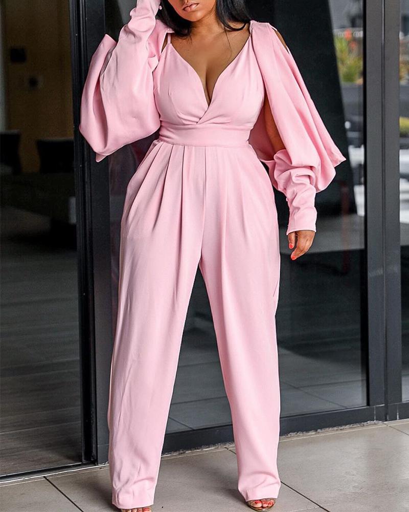

Lantern Sleeve Cutout Ruched Plunge Jumpsuit, Pink