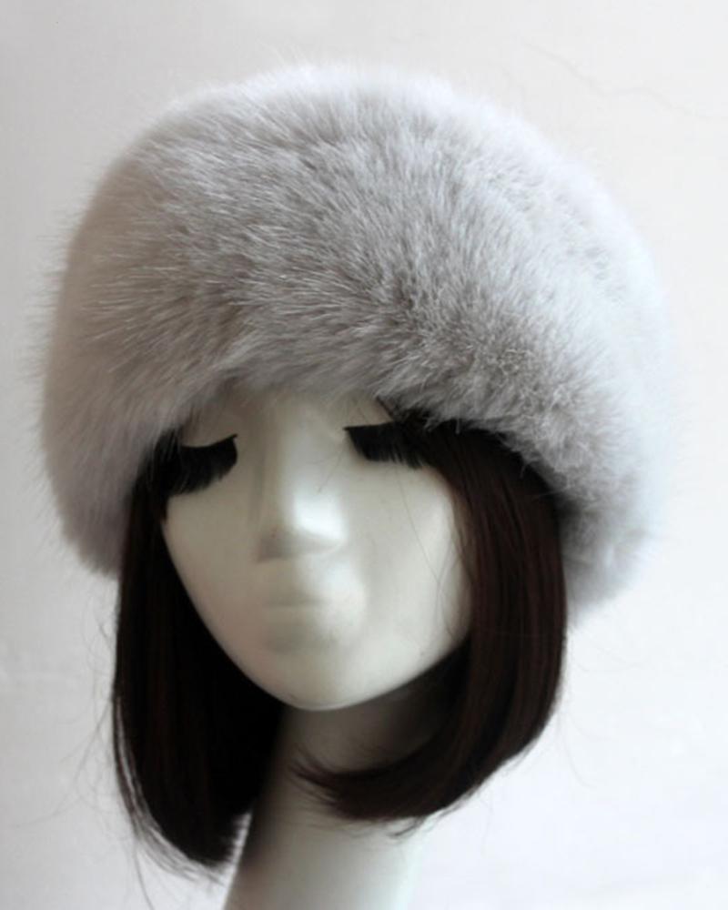 

Fluffy Fake Faux Fur Headband Winter Earmuff Warm Winter Hat Ski Skull Cap, Gray