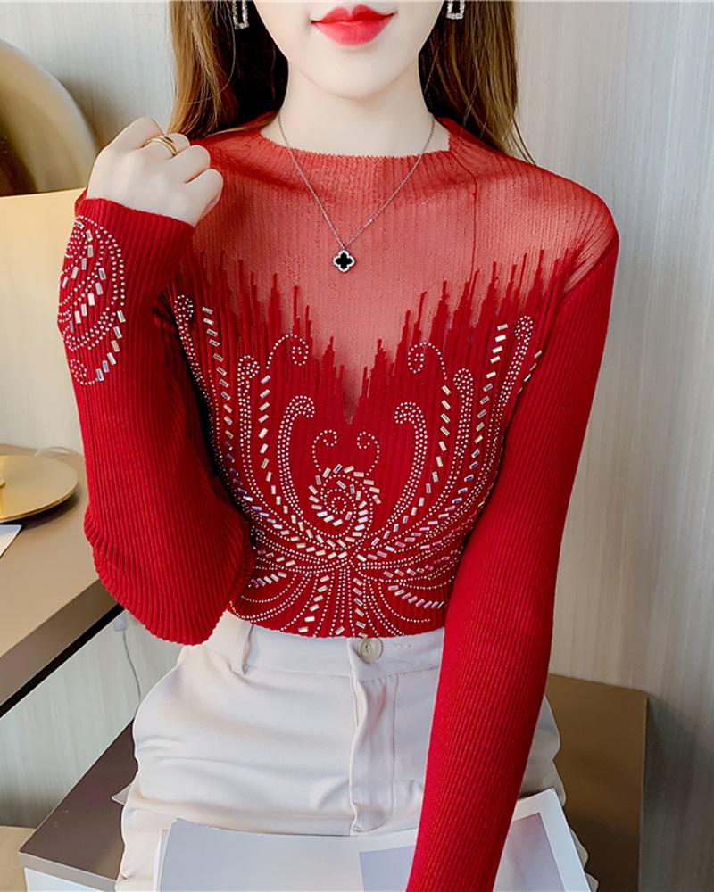 

Rhinestone Decor Contrast Lace Long Sleeve Knit Top, Red