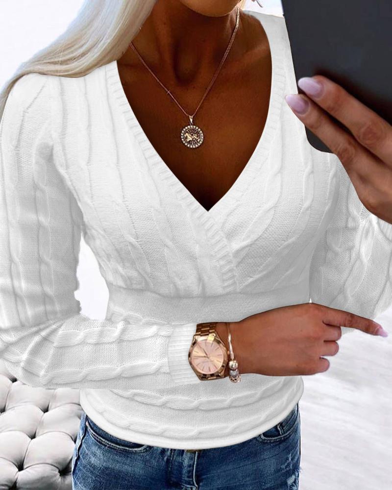 

V-Neck Long Sleeve Cable Knit Sweater, White