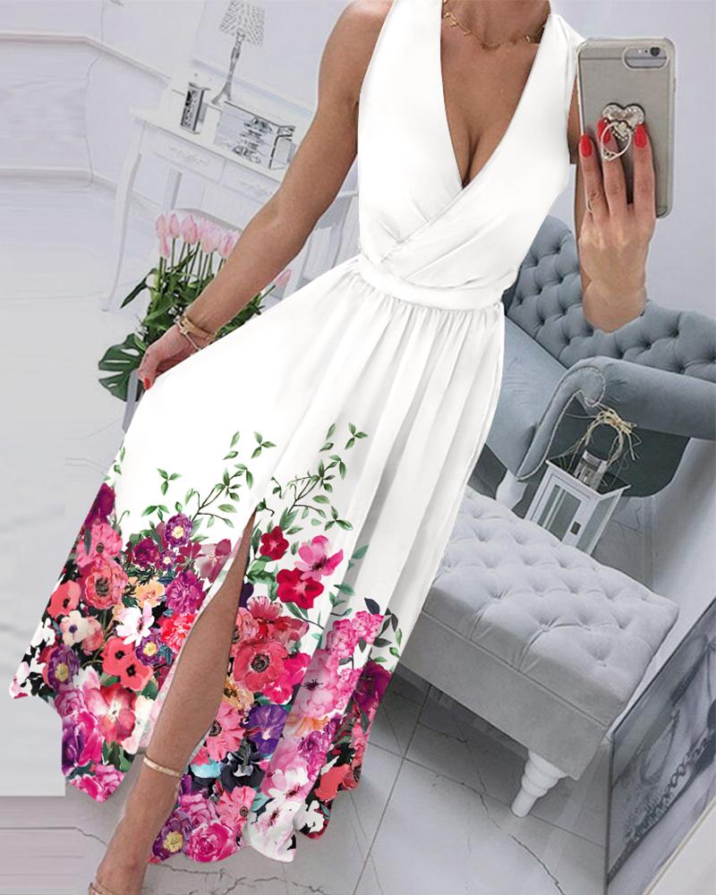 Robe maxi à imprimé fleuri sans manches et fendue sur les cuisses