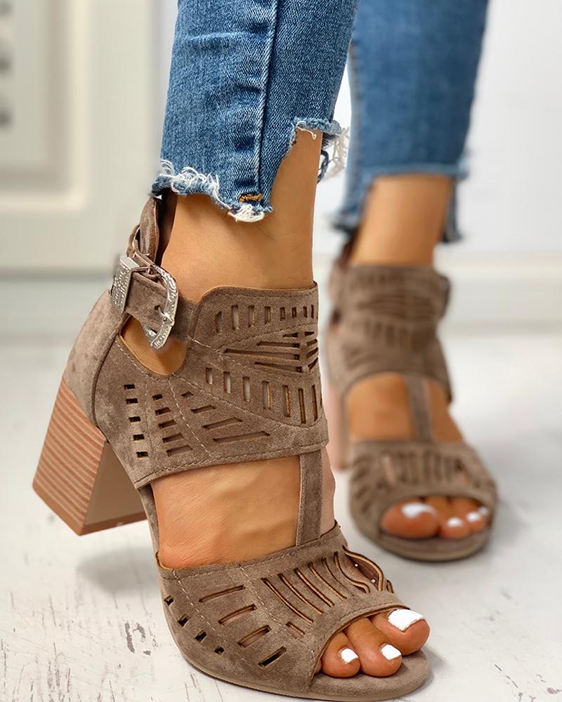 

Solid Hollow Out Chunky Sandals, Brown