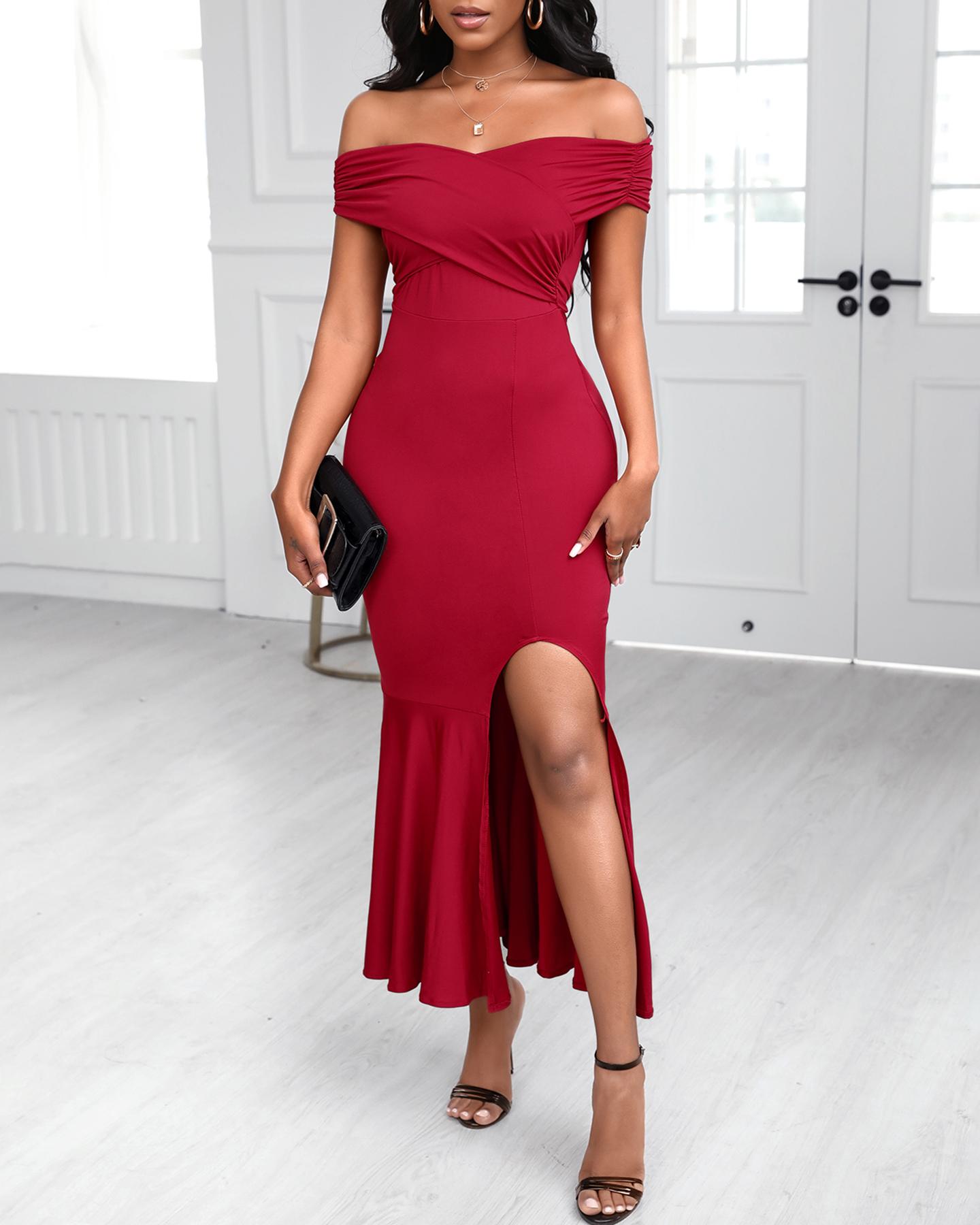 

Off Shoulder Ruffle Hem High Slit Maxi Women Dress, Wine red