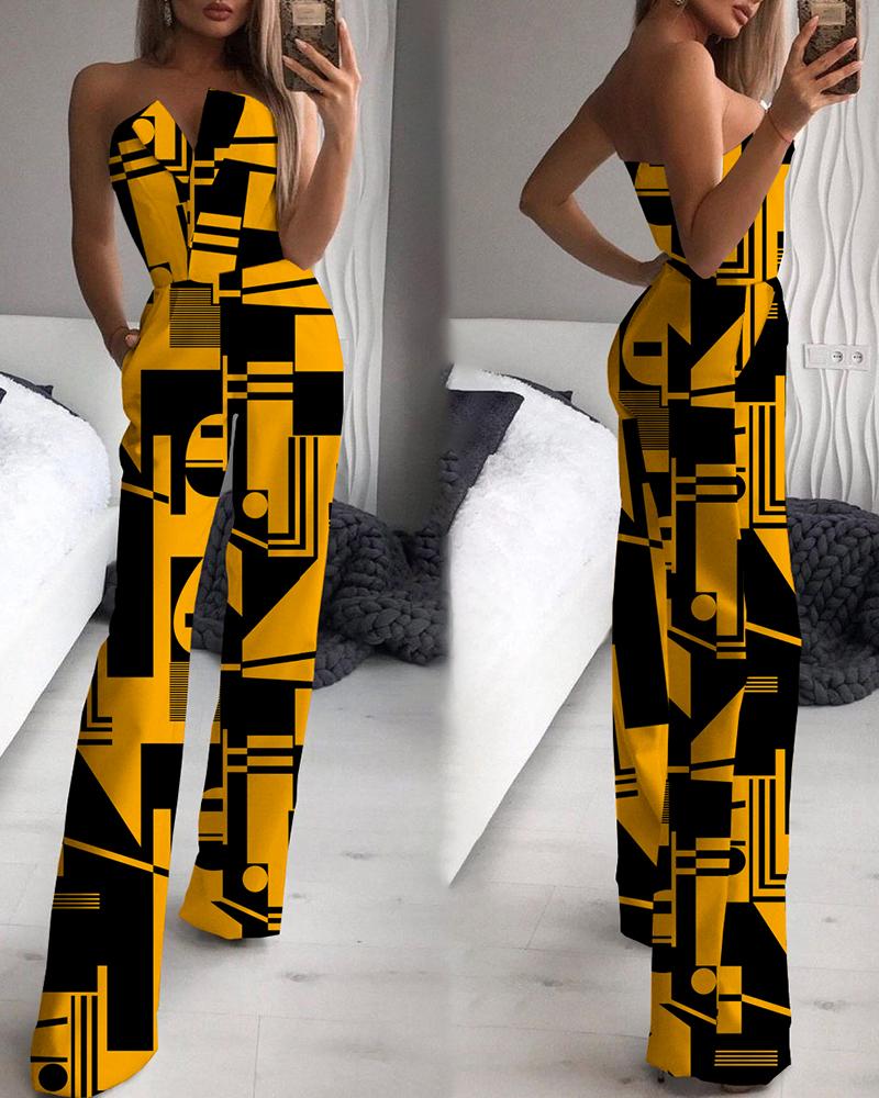 

Bandeau V-Cut Abstract Print Jumpsuit, Yellow