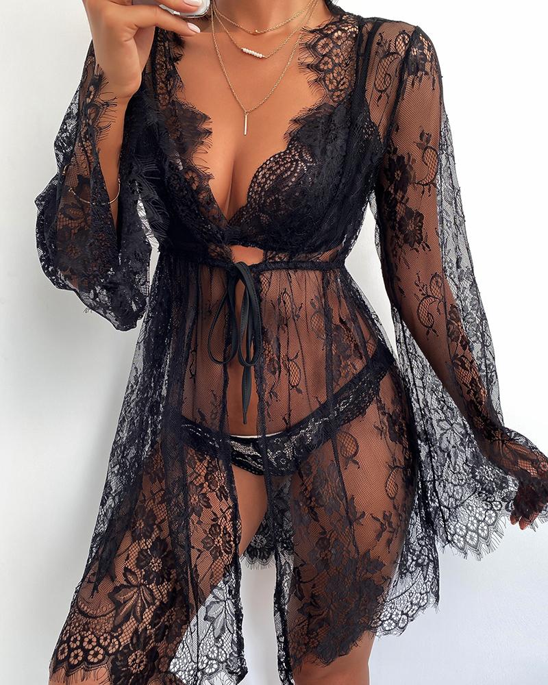 

Lace Patch Lingerie Set With Eyelash Crochet Lace Robe, Black