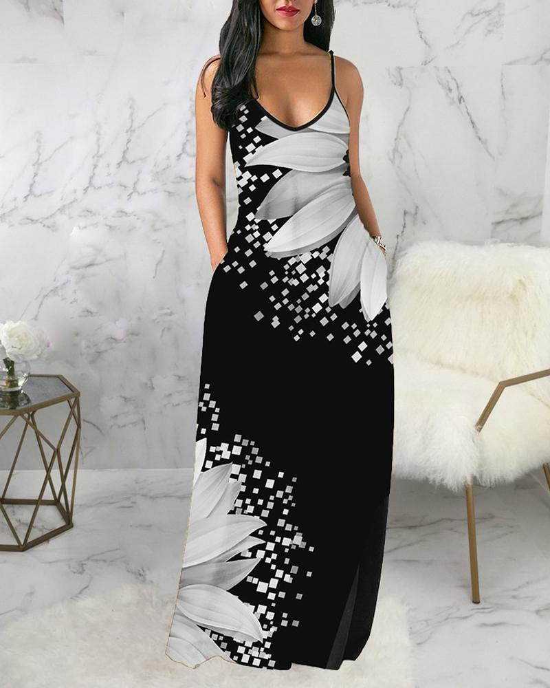 

Sunflower Print Pocket Design Cami Maxi Dress, White