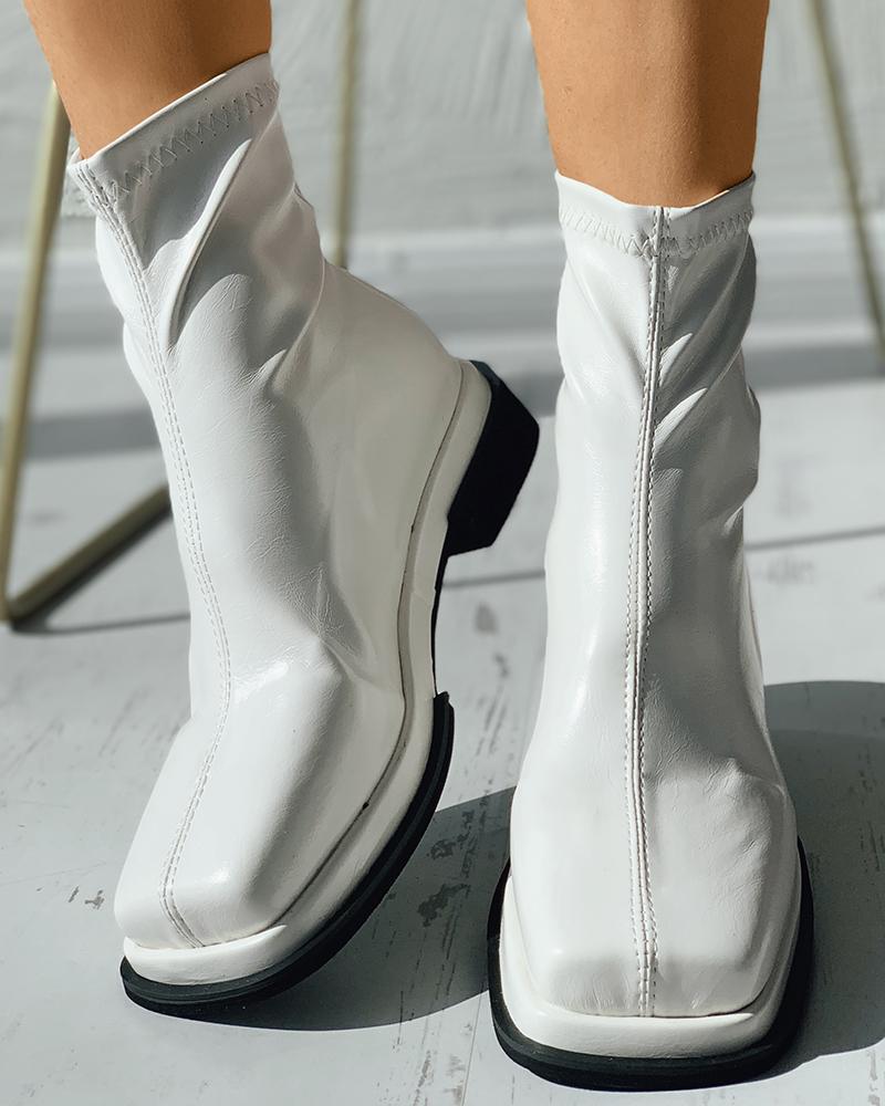 

Square Toe Zip Back Chunky Ankle Boots, Beige