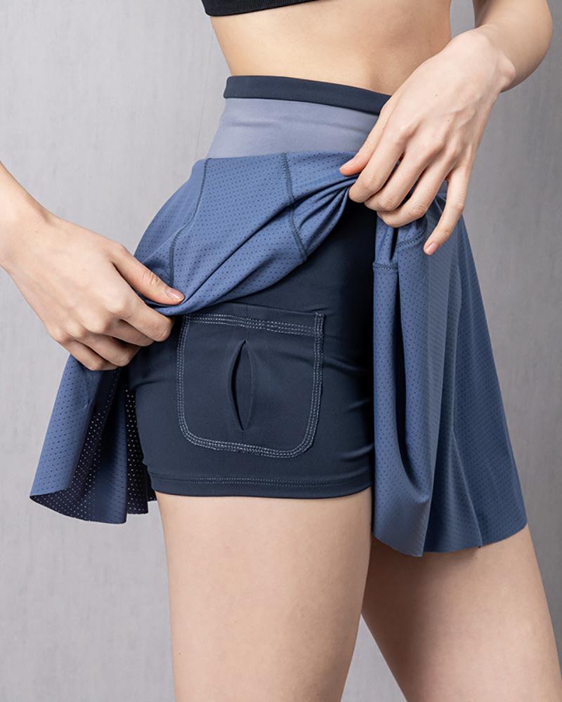 

Colorblock Pocket Design Skirt With Athletic Shorts Gym Tennis Pleated Skorts, Blue