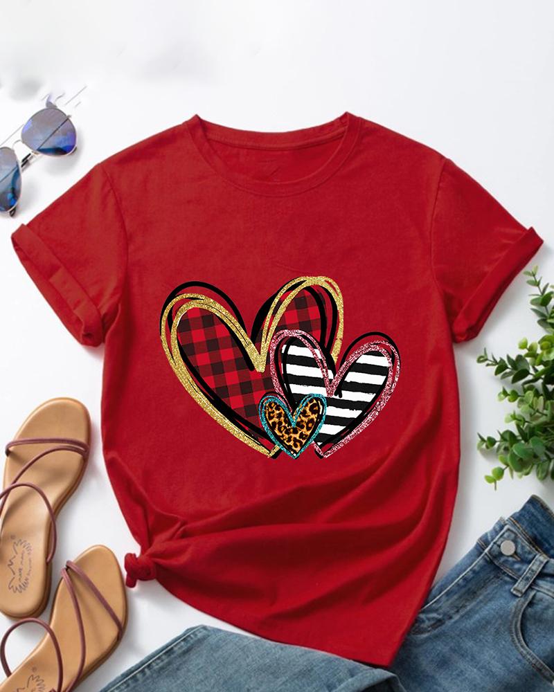 

Valentine' Day Heart Plaid Cheetah Print T-shirt, Red