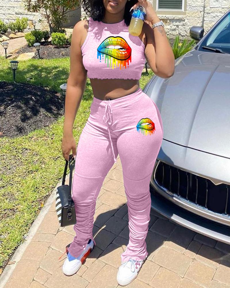

Lip Ink Splash Print Top & Drawstring Pants Set, Pink