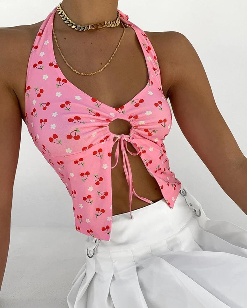 

Cherry Print Halter Cut-out Slit Tanks, Pink