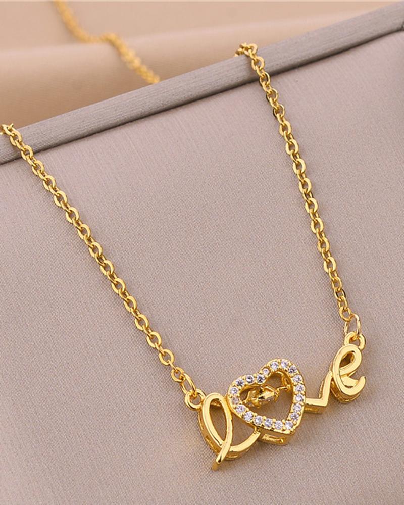 

1pc Valentine's Day Rhinestone Love Heart Shaped Chain Necklace, Gold