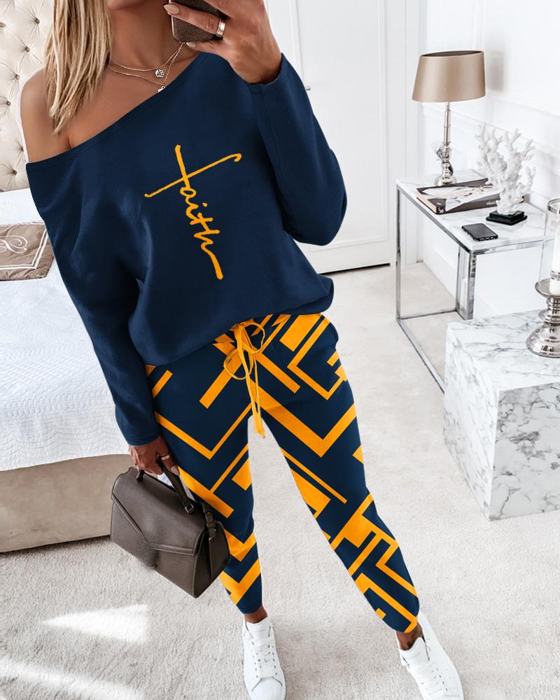 

Faith Geometric Print Skew Neck Top & Cuffed Pants Set, Blue