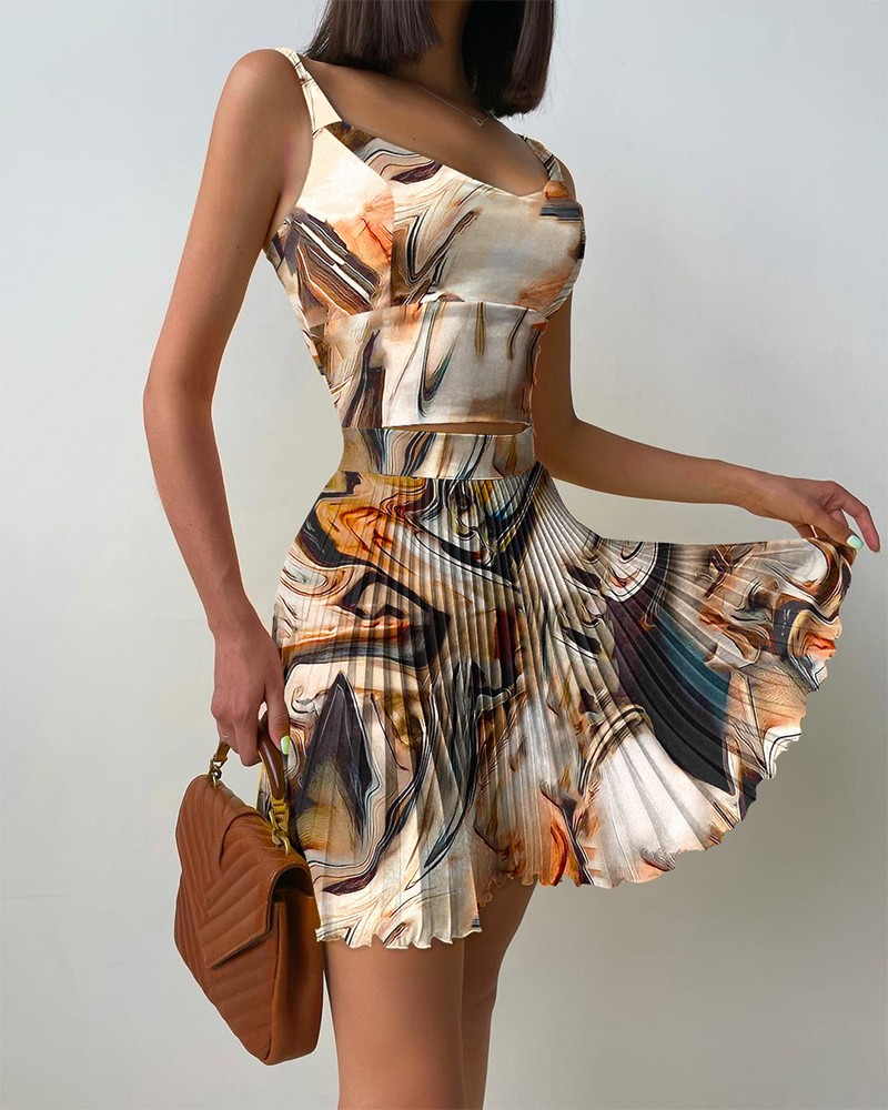 Marble Print Crop Tank Top & Pleated Skirt Set