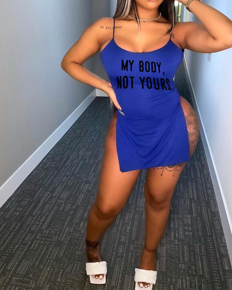 

Letter Print Backless Sling Slit Mini Dress, Blue
