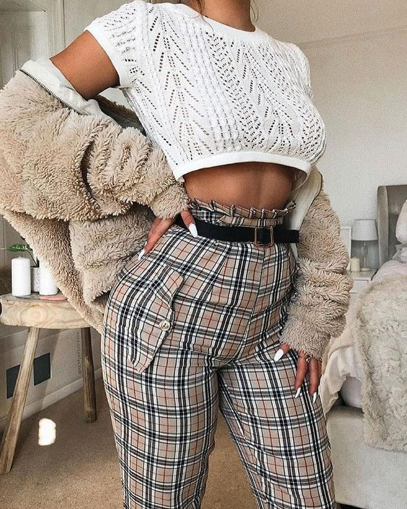 

Plaid Print Paper Bag Waist Pants, Khaki