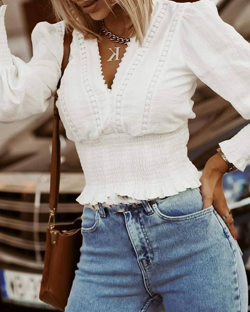 

Puff Sleeve Lace Patch Shirred Frill Hem Top, White