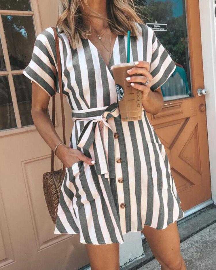 

Striped Button Belted Pocket Design Dress, Gray