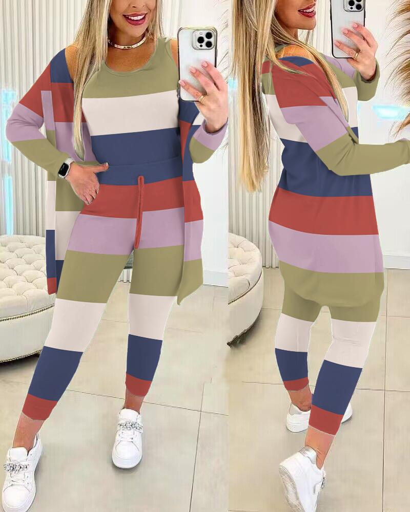 

Striped Colorblock Tank Top & Drawstring Pants Set With Coat, Multicolor