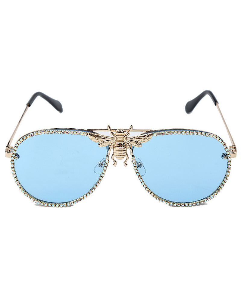 

1Pair Rhinestone Bee Pattern Trendy Pilot Sunglasses, Blue