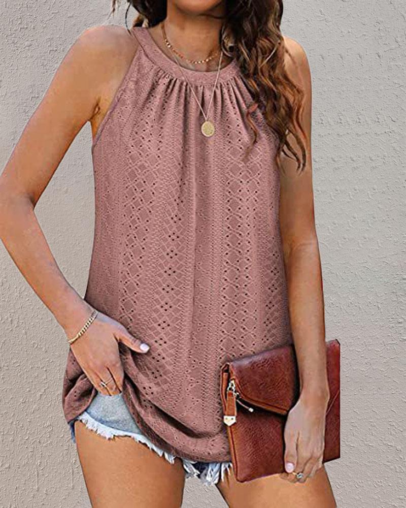 

Eyelet Embroidery Ruched Casual Tank Top, Pink