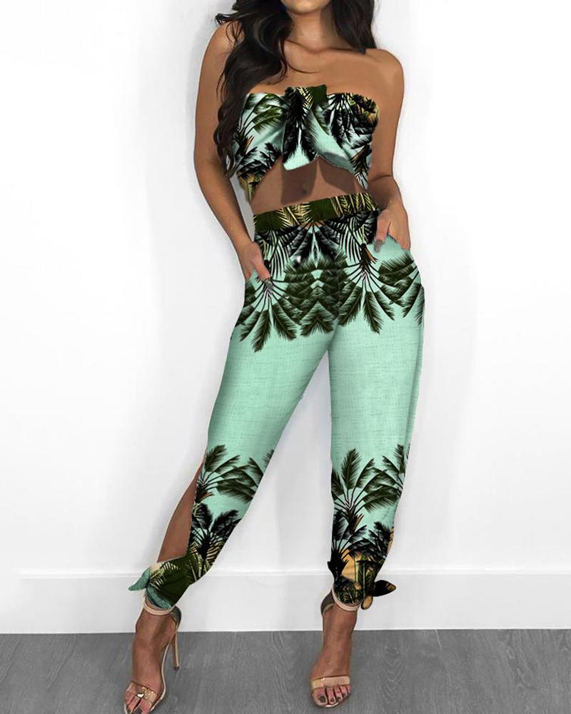 

Tropical Print Bandeau Knotted Top & Slit Pants Set, Green