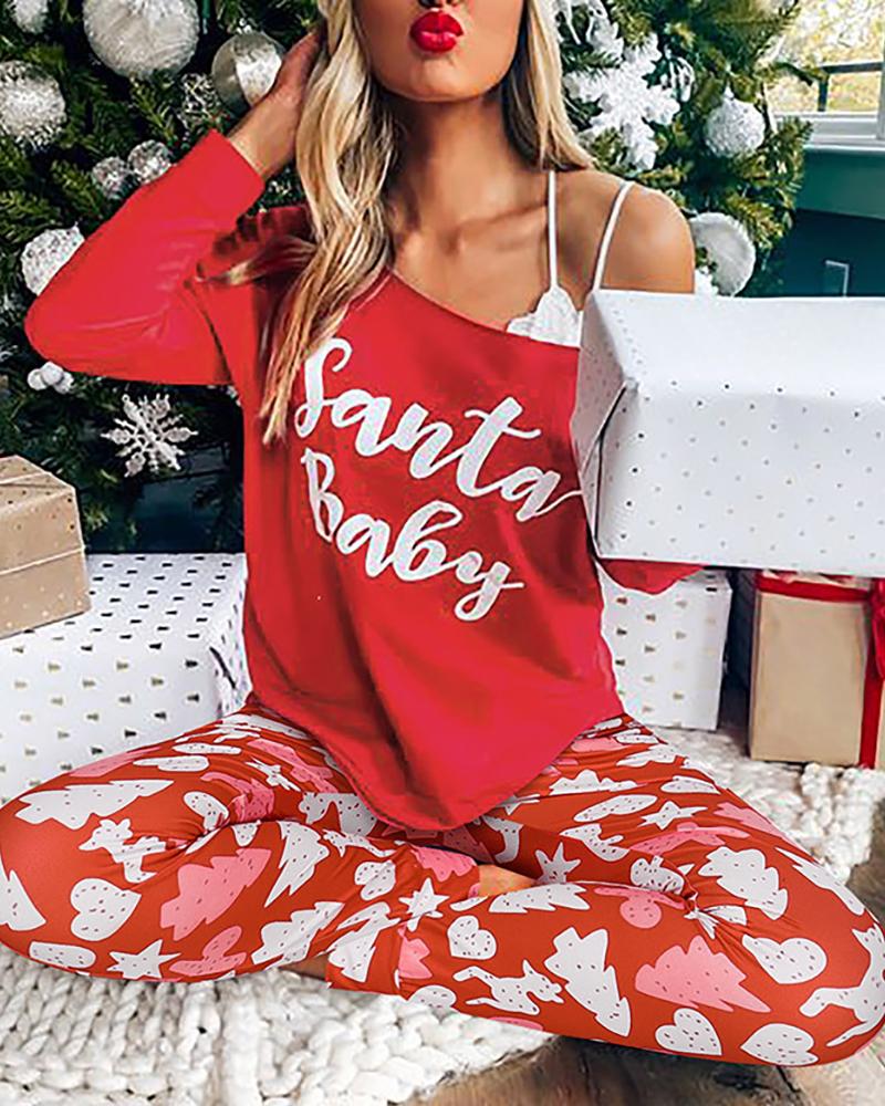 

Christmas Letter Print Long Sleeve Top & Striped Pants Set, Style1