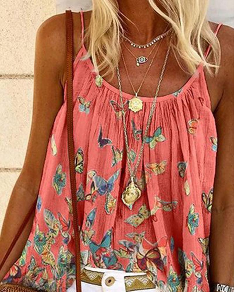 

Butterfly Print Sleeveless Casual Women Top, Wine red