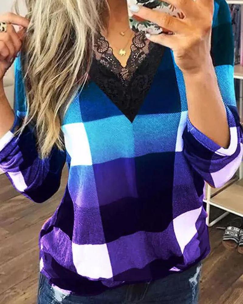

Plaid Print Contrast Lace Long Sleeve Top, Blue
