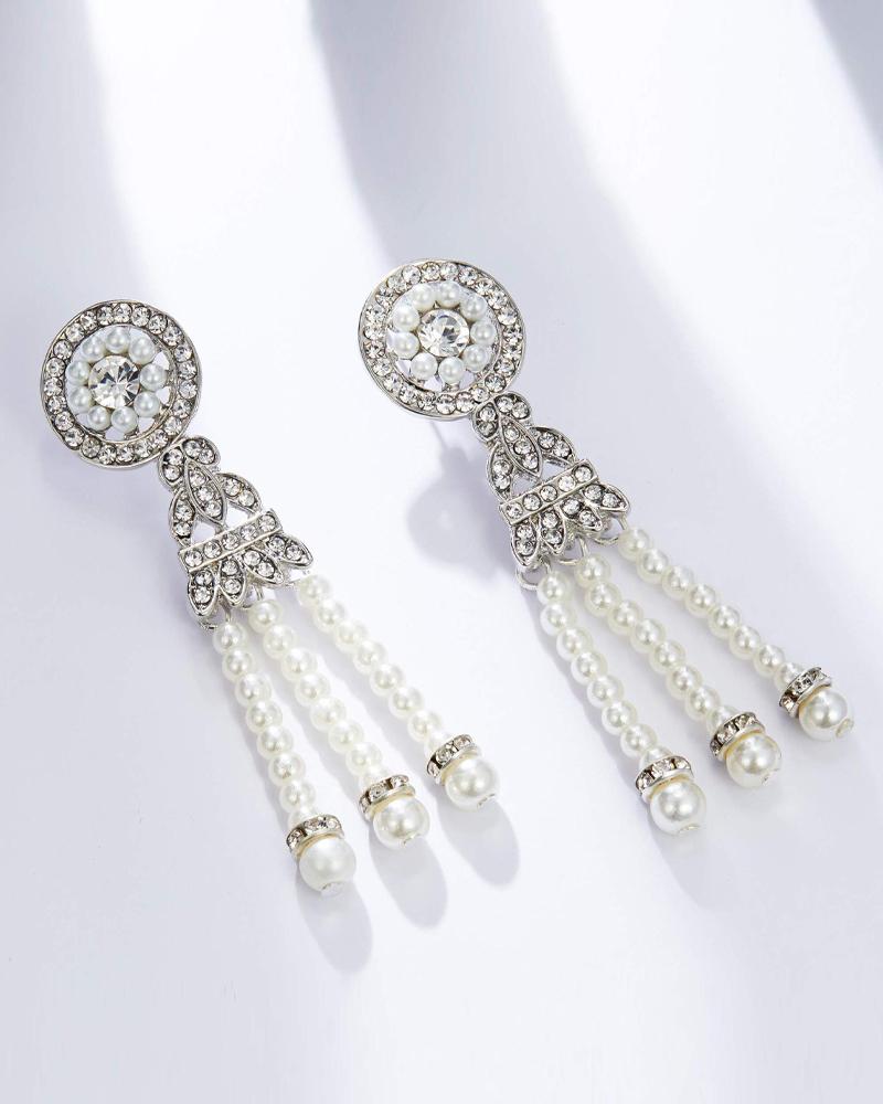 

1Pair Rhinestone Pearls Decor Tassel Dangle Earrings Vintage 1920s Flapper Great Gatsby Accessories, Silver