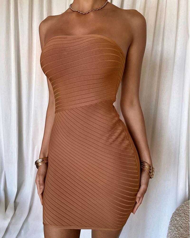 

Plain Ribbed Bandeau Bodycon Dress, Apricot