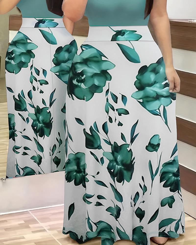 

Plus Size Floral Print Short Sleeve Maxi Dress, Green