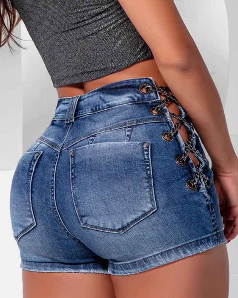 Grommet Eyelet Chain Lace-up Ripped Denim Shorts