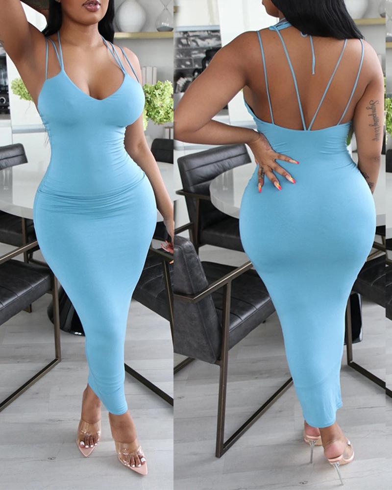 

Spaghetti Strap Open Back Bodycon Dress, Blue