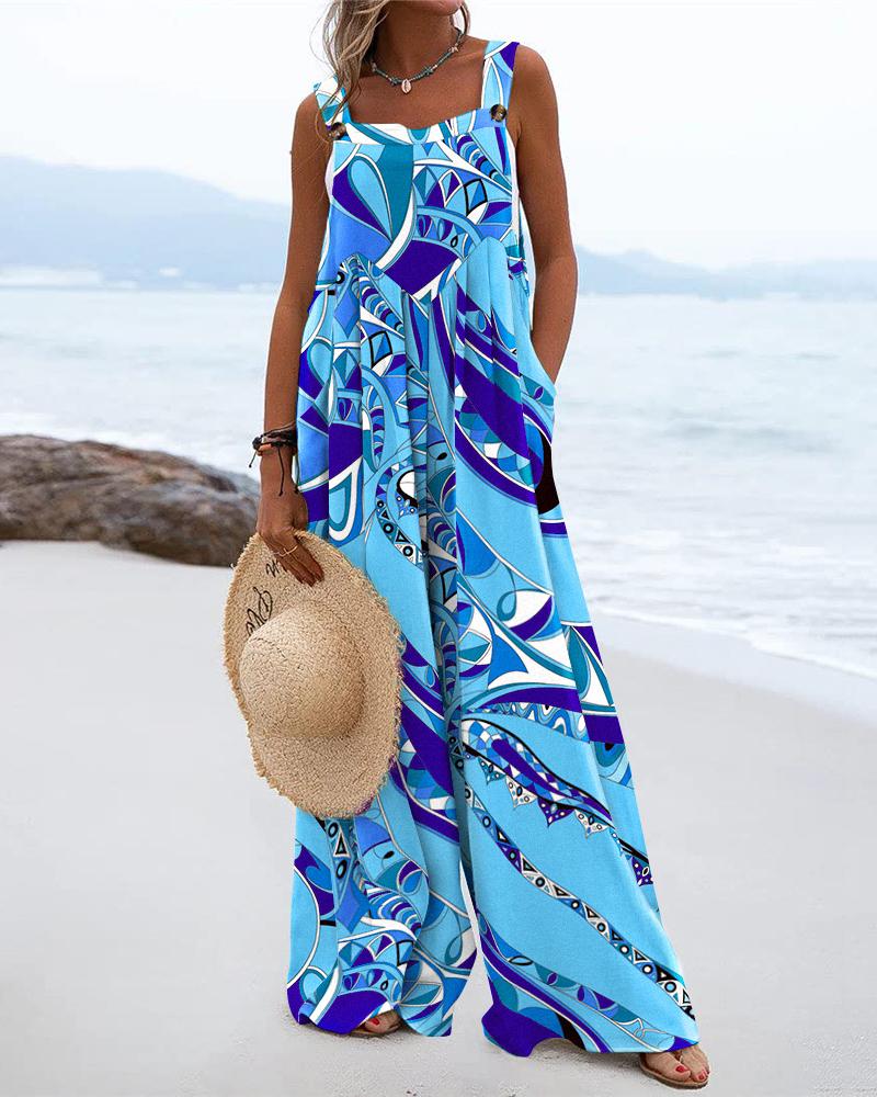 

Abstract Print Wide Leg Suspender Jumpsuit, Blue