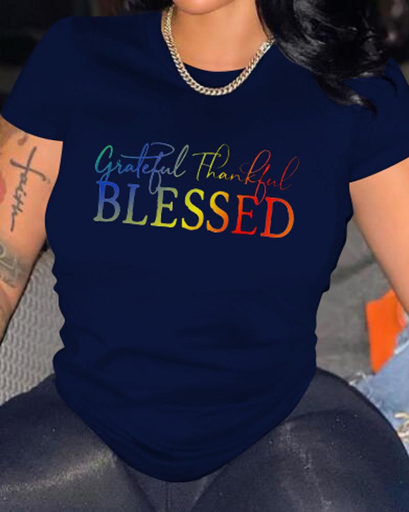 

Grateful Thankful Blessed Ombre Letter Print Casual T-shirt, Purplish blue