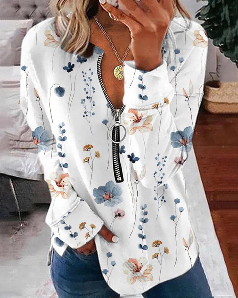 

Floral Print Zip Detail Long Sleeve Top, White