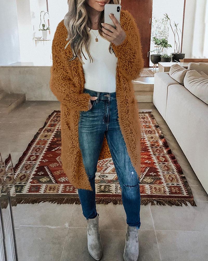 

Pocket Design Long Sleeve Fluffy Knit Cardigan, Coffee