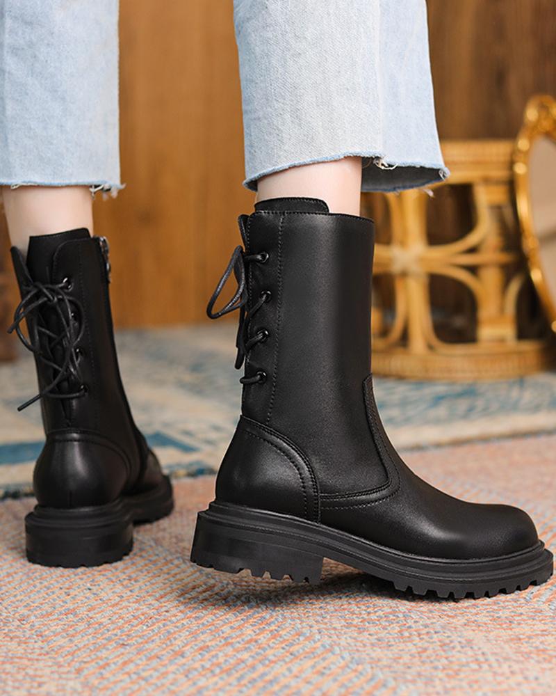 

Womens Back Lace Up Round Toe Smoke Tube Boots, Black