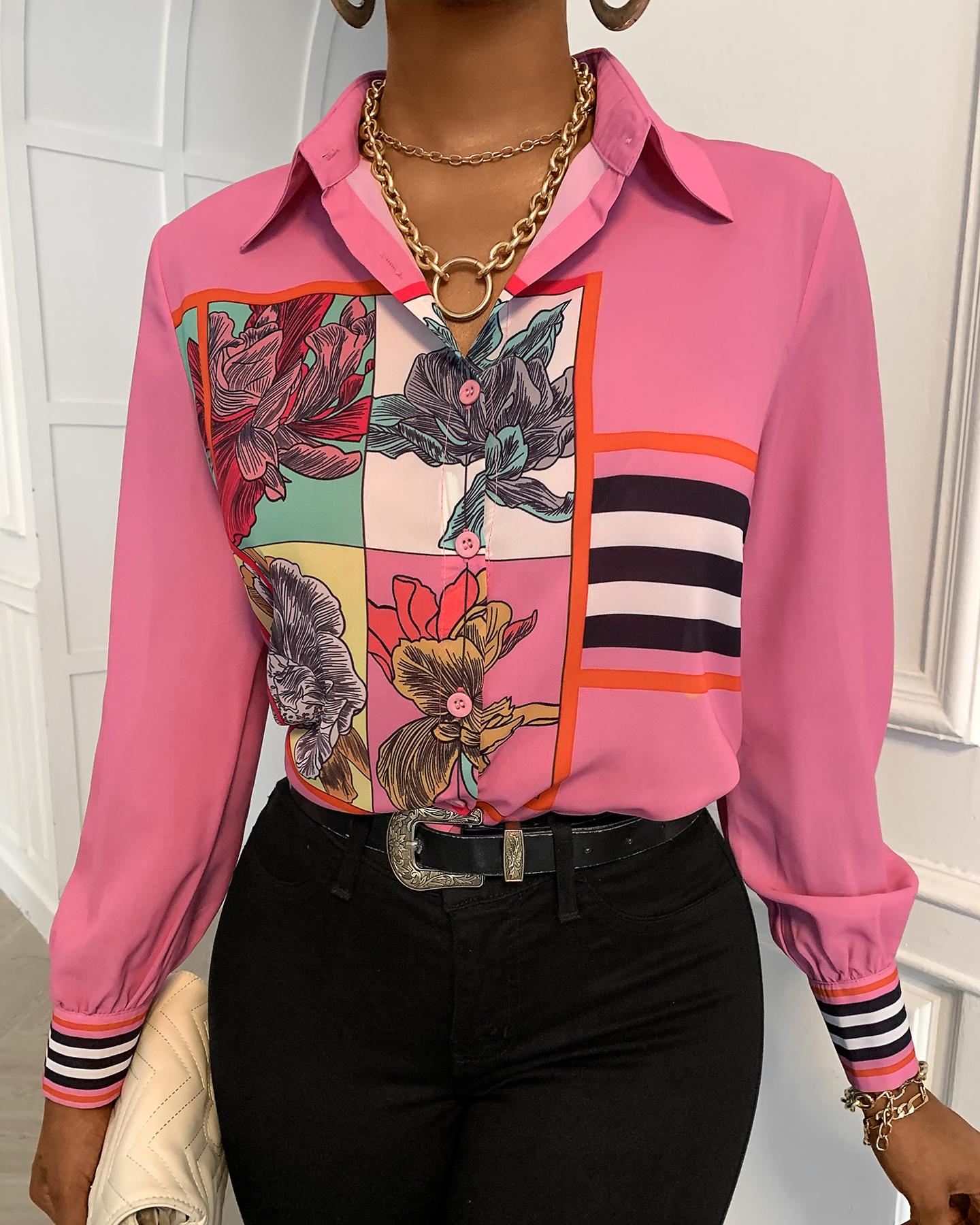 

Floral Print Button Design Long Sleeve Shirt, Pink